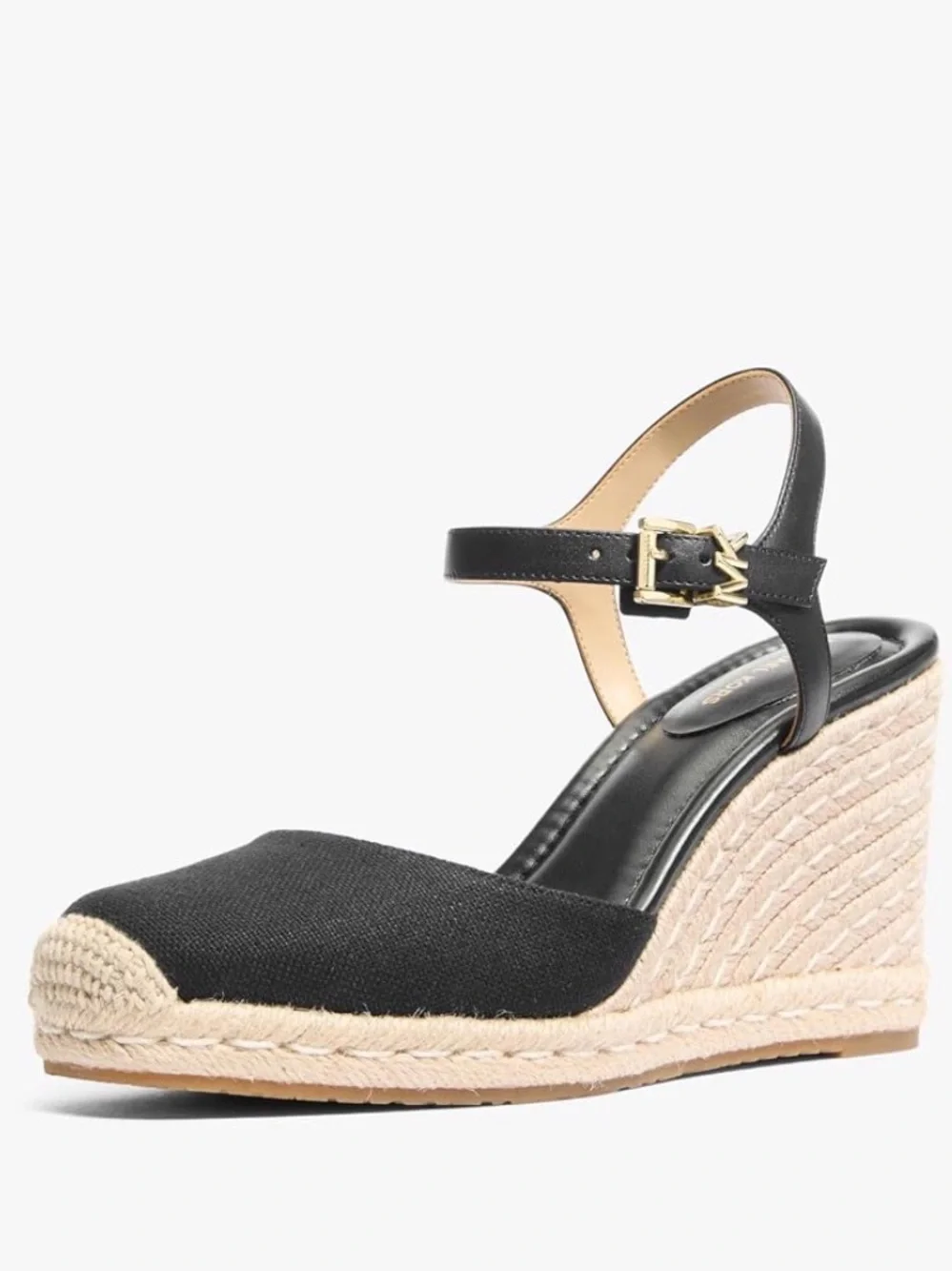Michael Kors Kenzie Black Canvas Espadrille Wedge Sandals with Gold Buckle